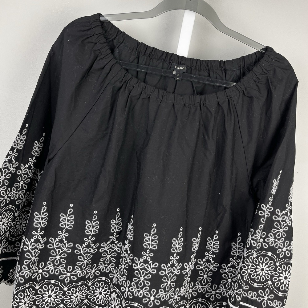 Talbots Boho Peasant Top Womens XL Black White Embroidered Off Shoulder Eyelet